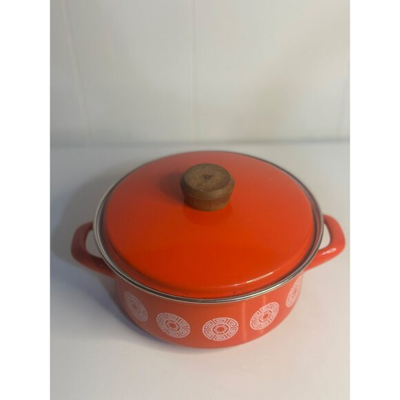 VTG Epicure Enamelware Stock Pot - 6" Orange w/ Wooden Knob Lid Retro MCM - Picture 4 of 7